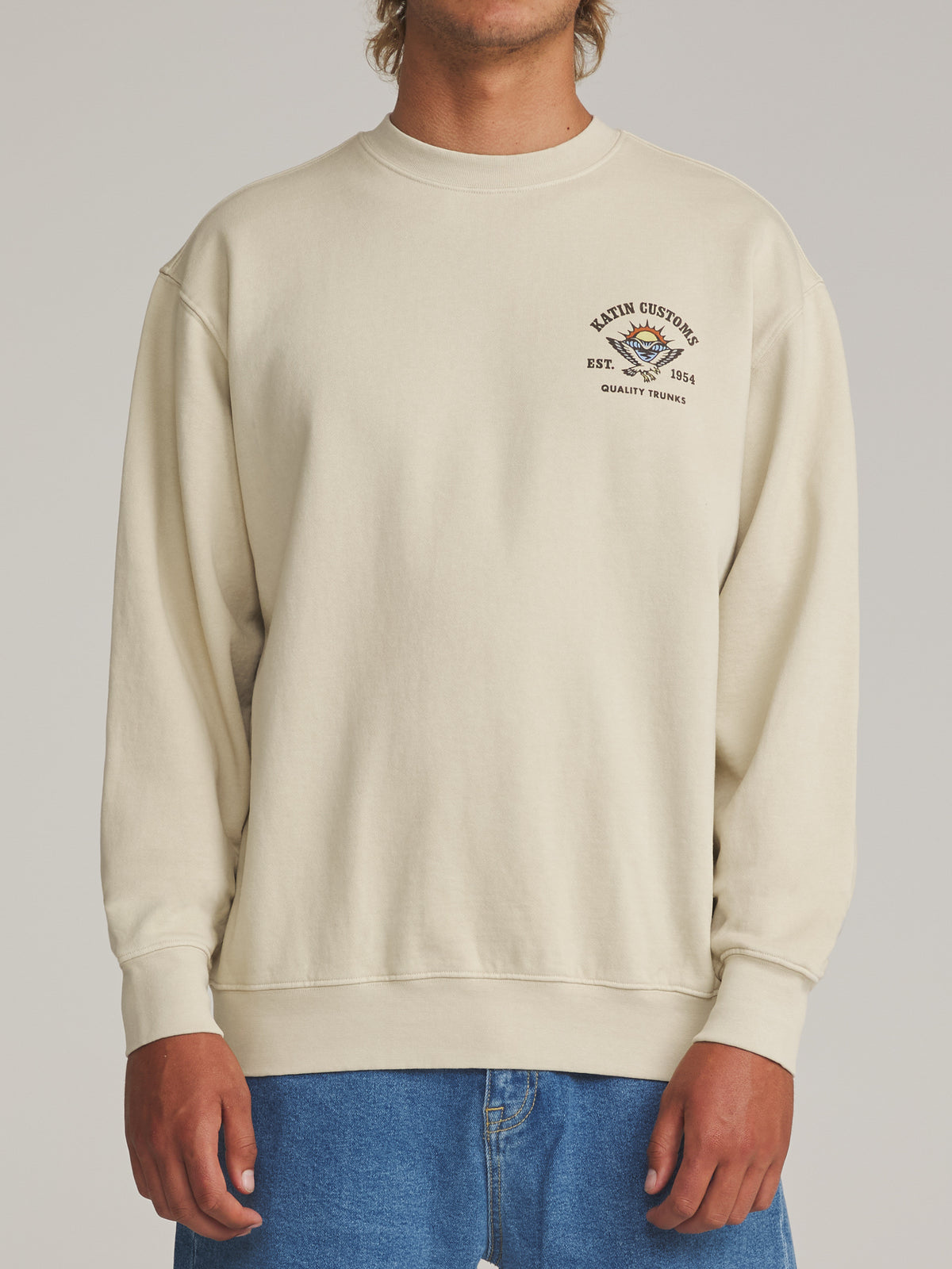 Katin Herman Crew in Pelican Vintage Wash - worn on model, front
