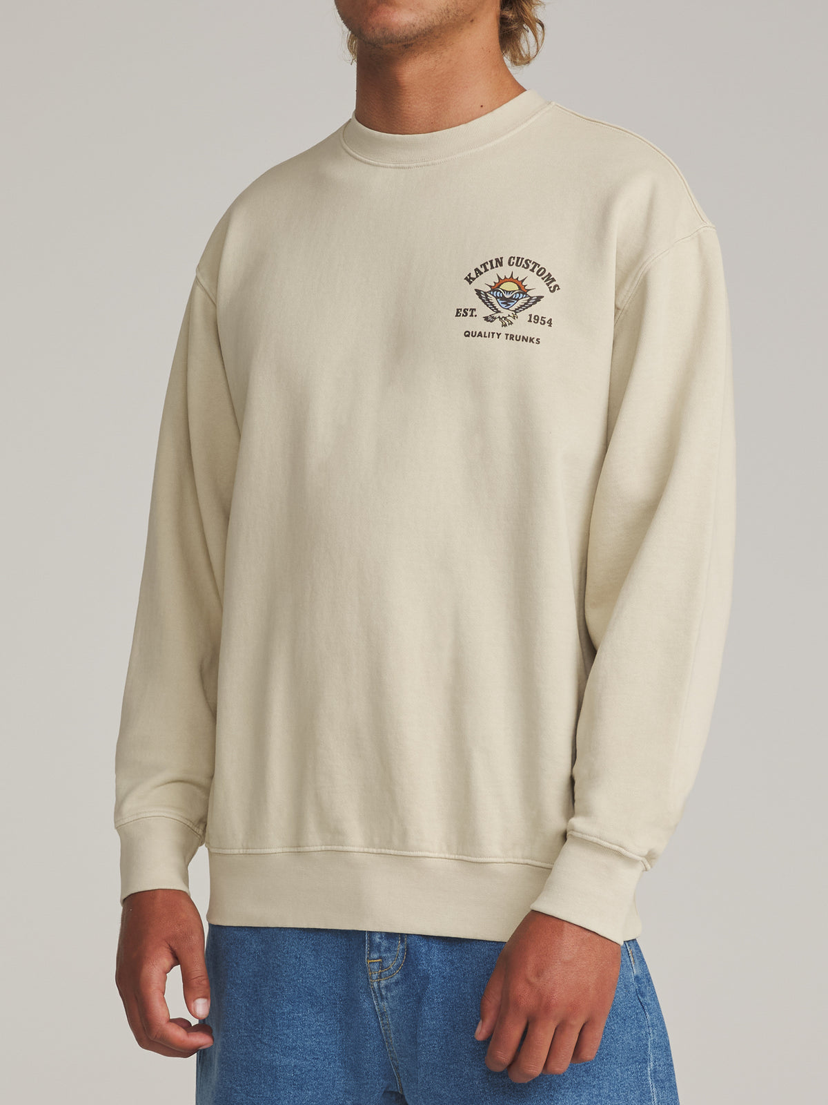 Katin Herman Crew in Pelican Vintage Wash - worn on model, side