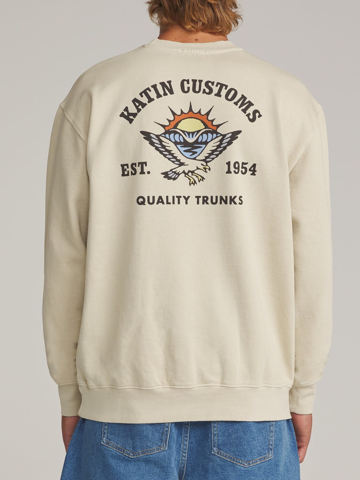 Katin Herman Crew in Pelican Vintage Wash - worn on model, back