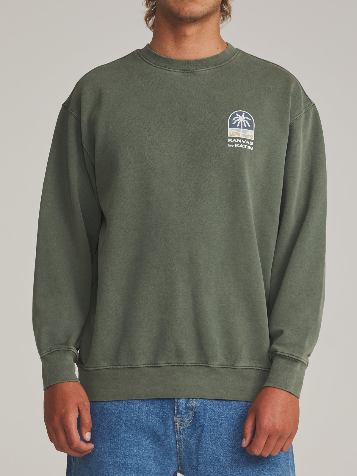 Katin Passage Crew in Clover Vintage Wash - worn on model, front