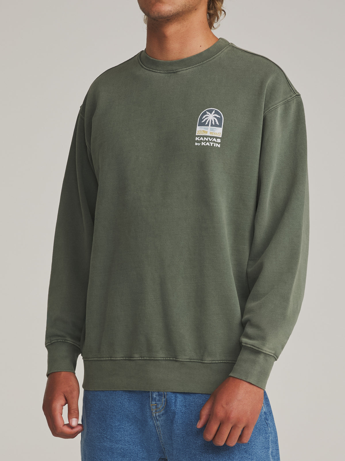 Katin Passage Crew in Clover Vintage Wash - worn on model, side