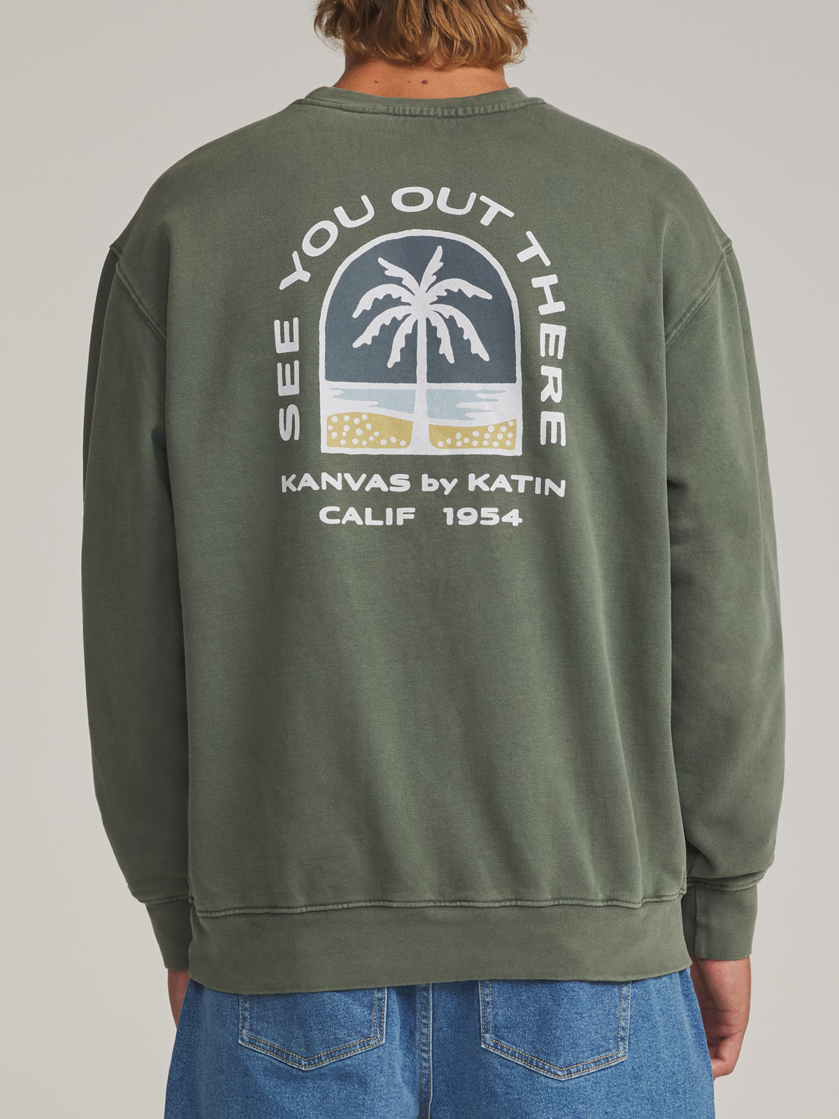 Katin Passage Crew in Clover Vintage Wash - worn on model, back