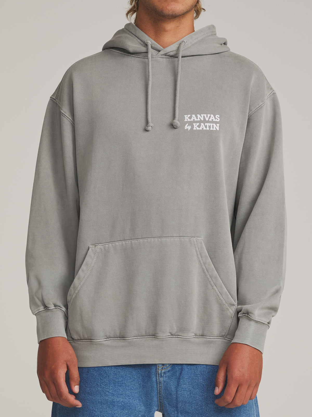 Katin Pipe Hood in Graphite Vintage Wash - worn on model, front