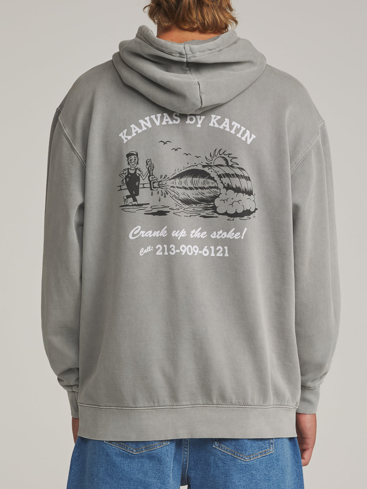 Katin Pipe Hood in Graphite Vintage Wash - worn on model, back