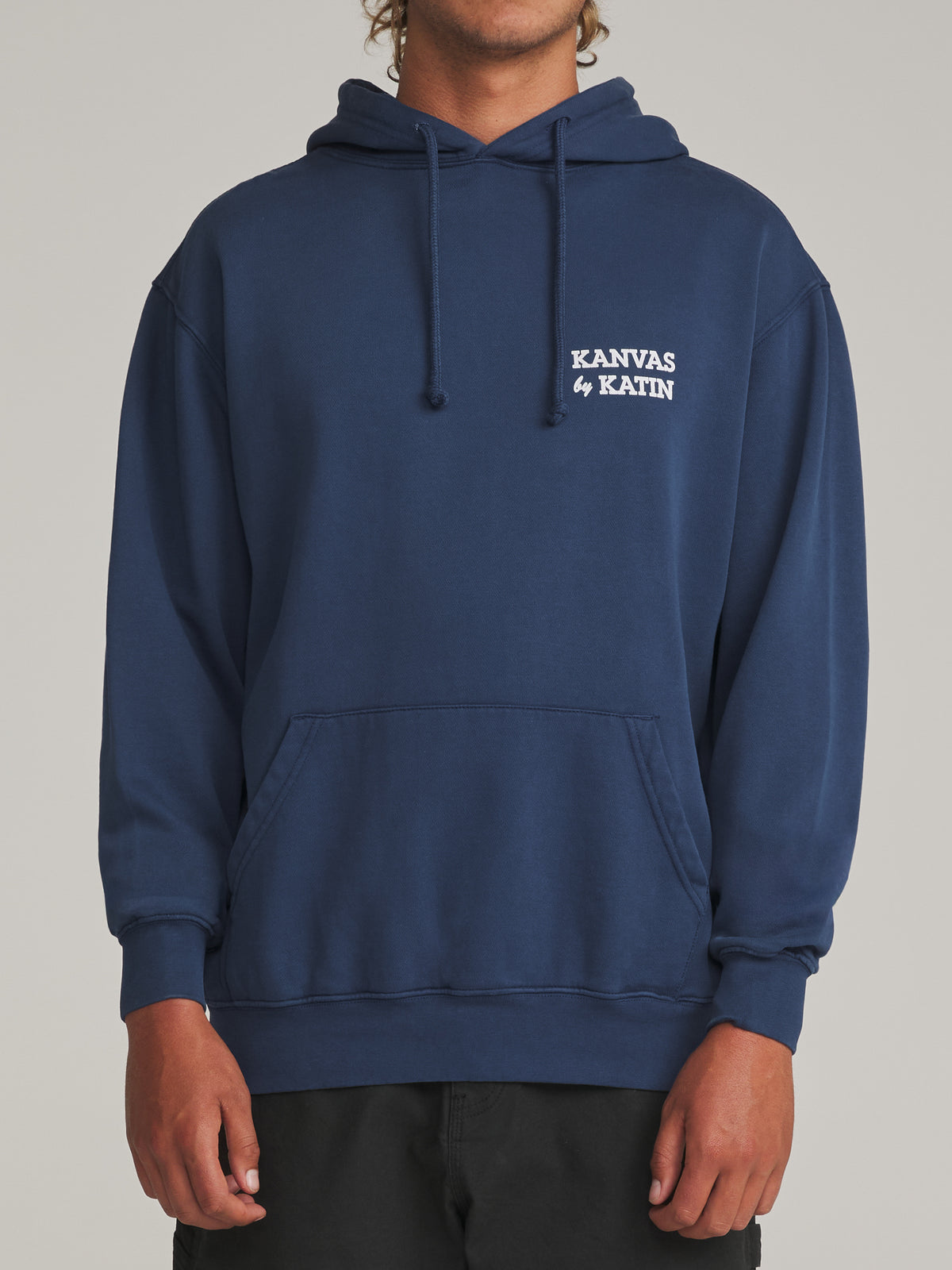 Katin Pipe Hood in Midnight Vintage Wash - worn on model, front