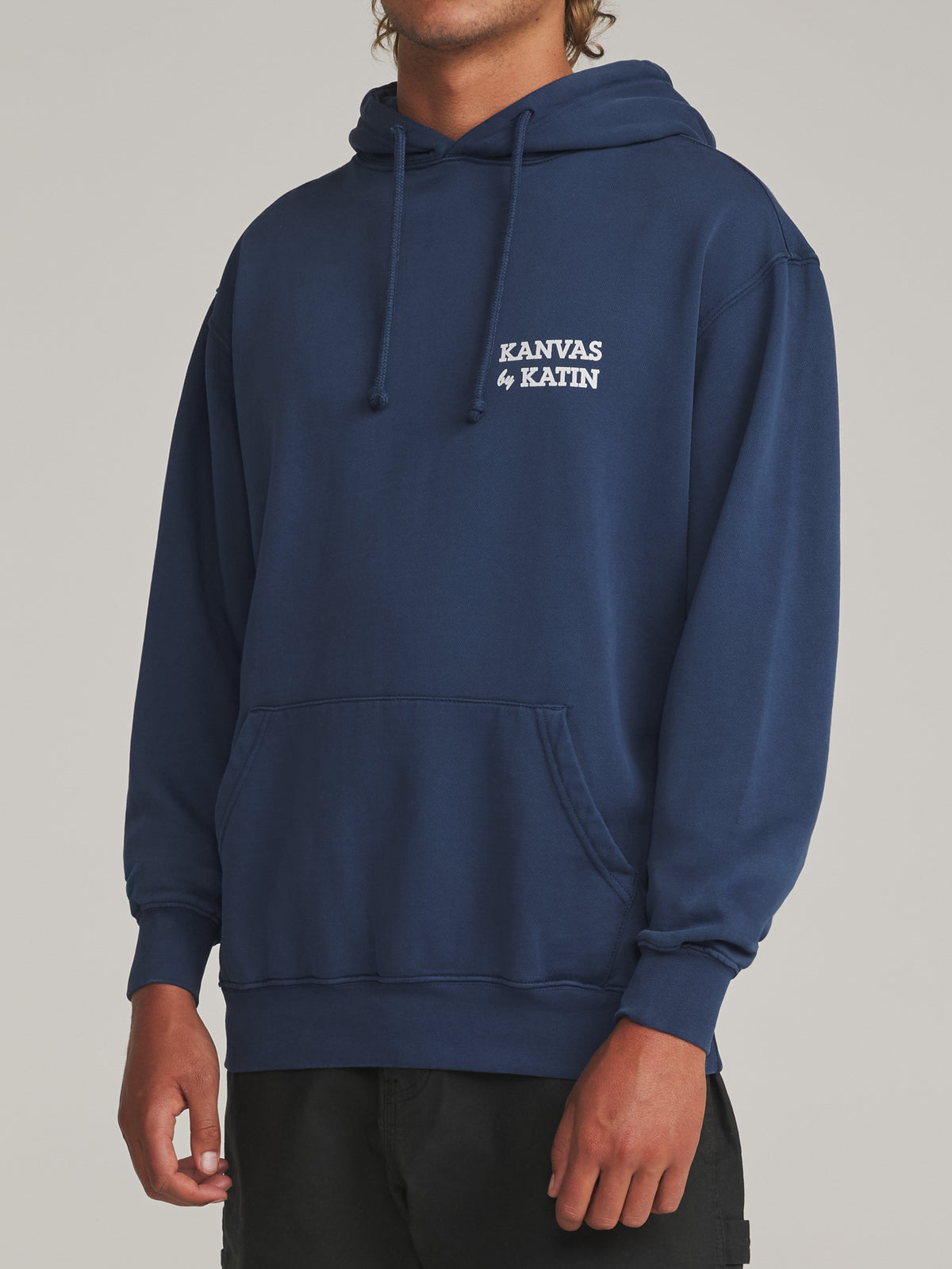 Katin Pipe Hood in Midnight Vintage Wash - worn on model, side