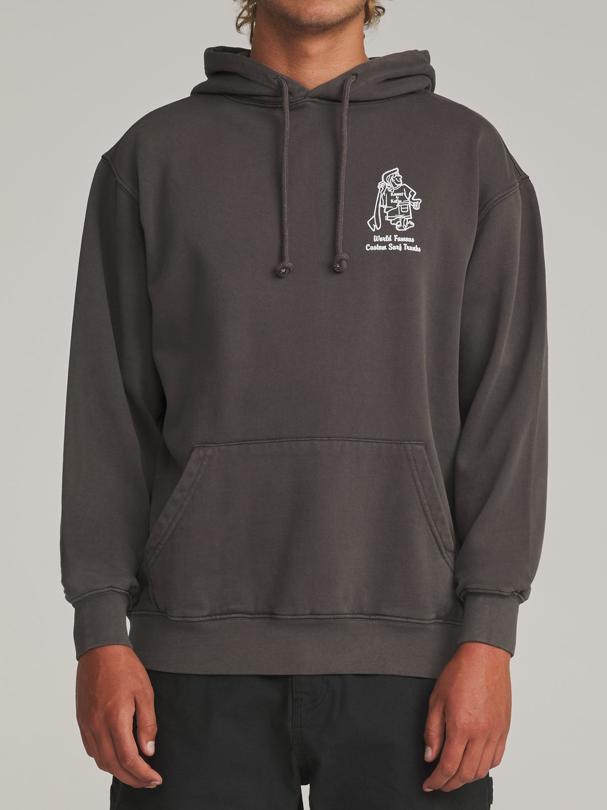 Katin Rag Hood in Lead Vintage Wash - worn on model, front