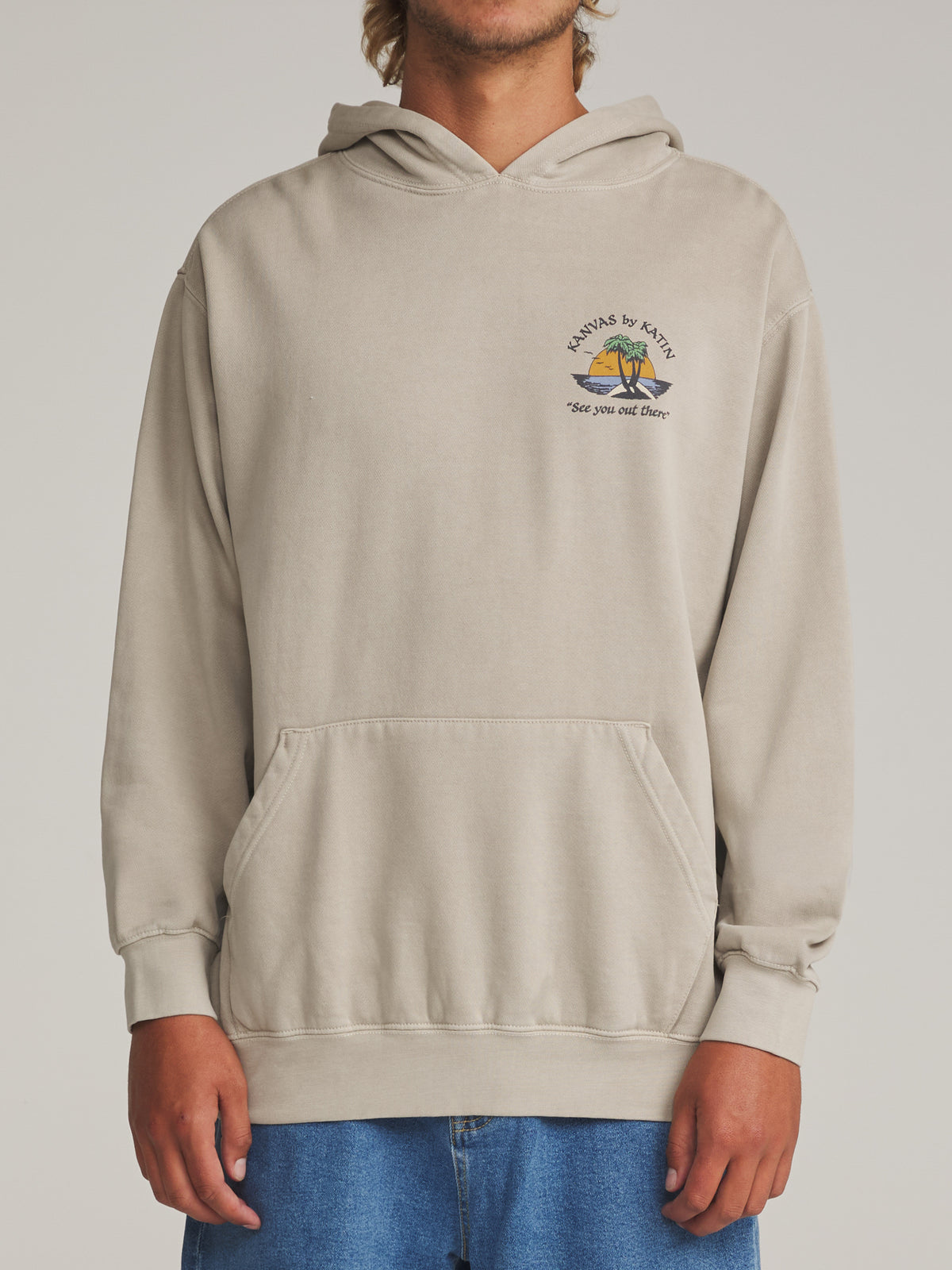 Katin Salina Hood in Cement Vintage Wash - worn on model, front