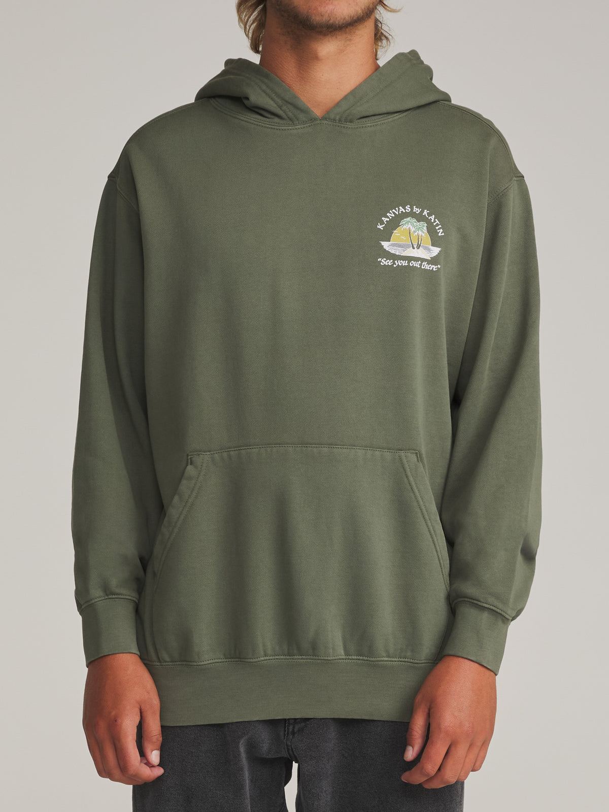 Katin Salina Hood in Clover Vintage Wash - worn on model, front