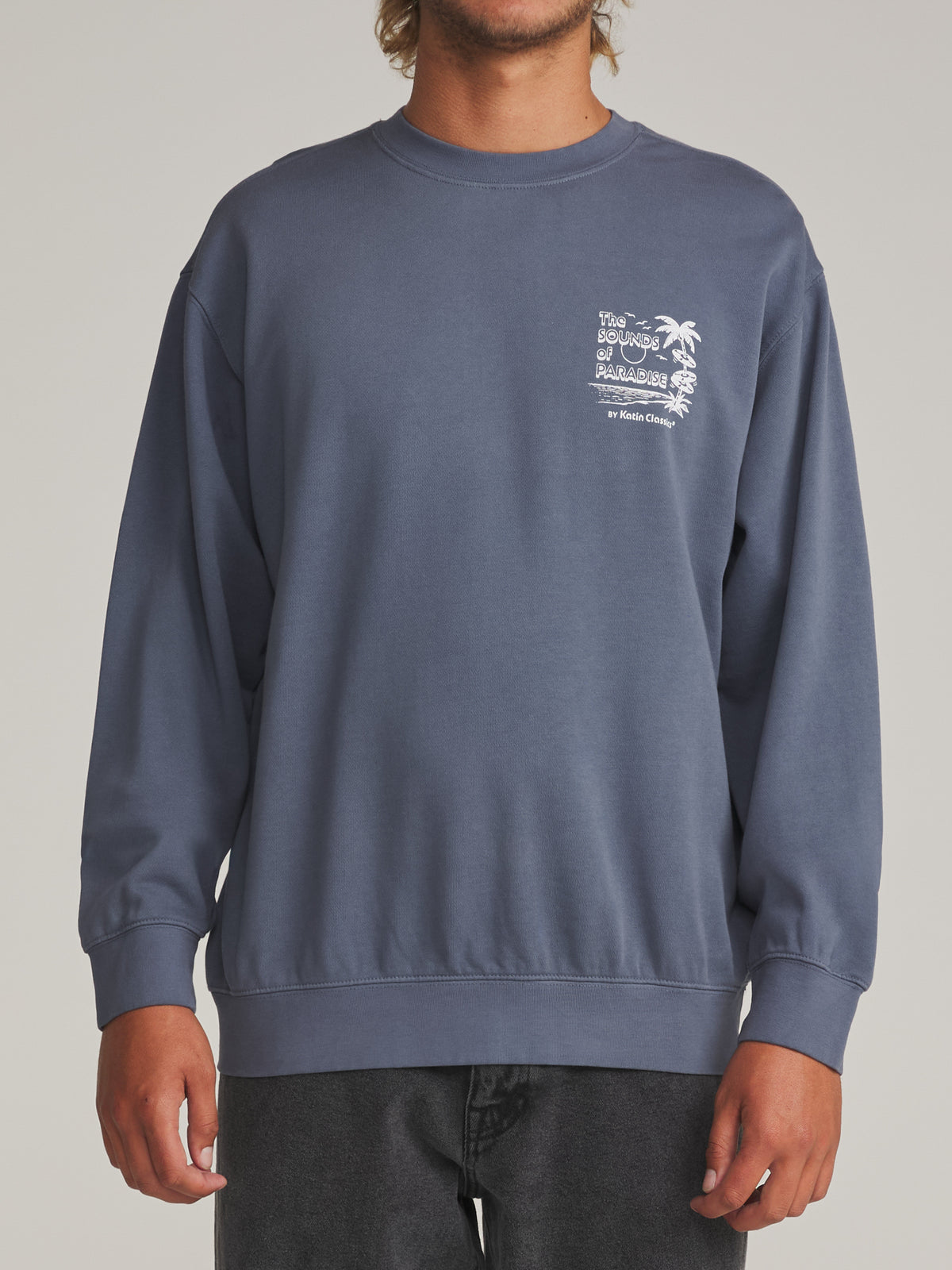Katin Sonics Crew in Washed Blue Vintage Wash - worn on model, front
