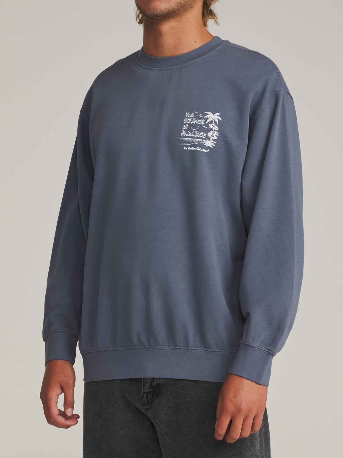 Katin Sonics Crew in Washed Blue Vintage Wash - worn on model, side