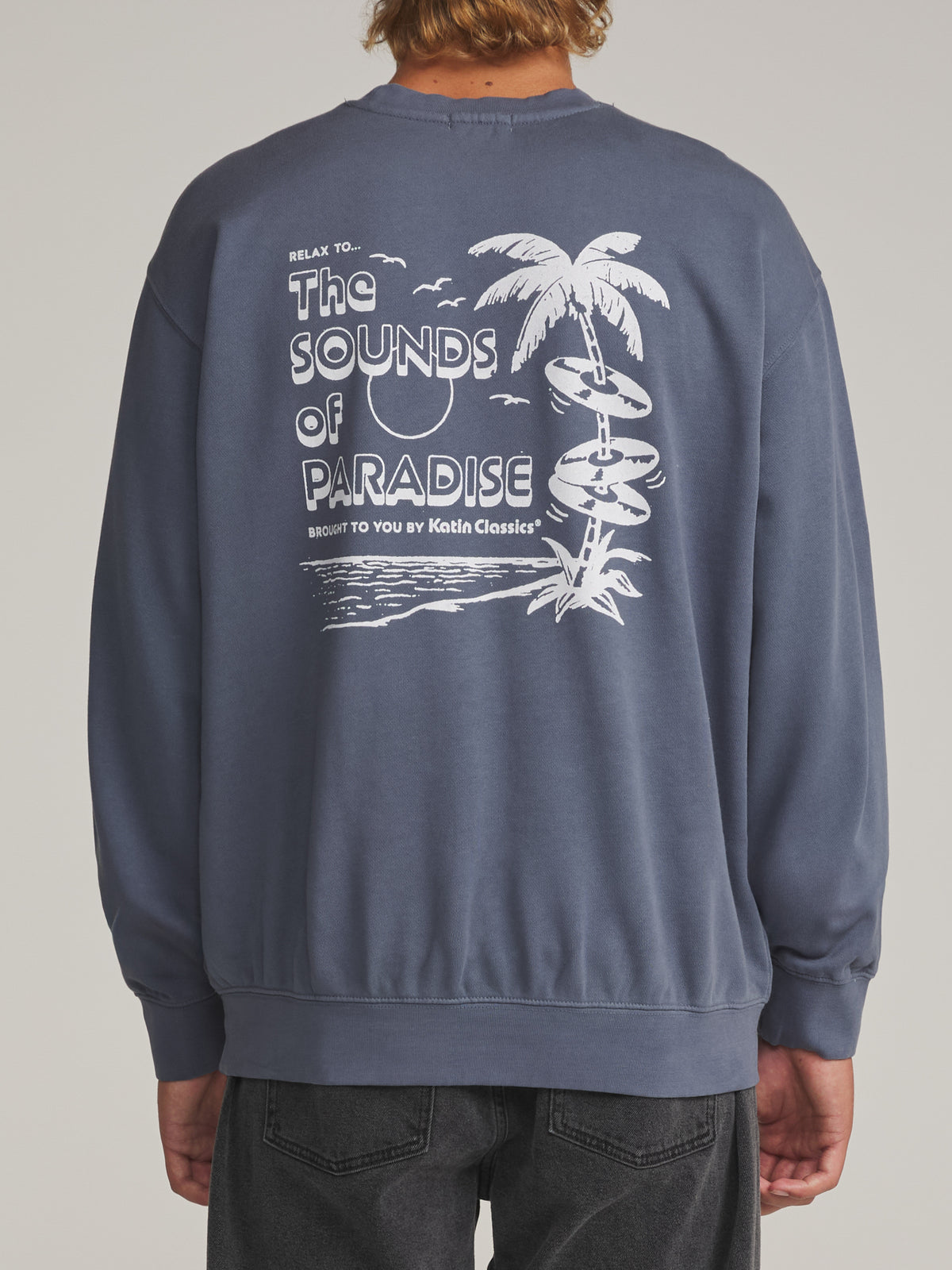 Katin Sonics Crew in Washed Blue Vintage Wash - worn on model, back