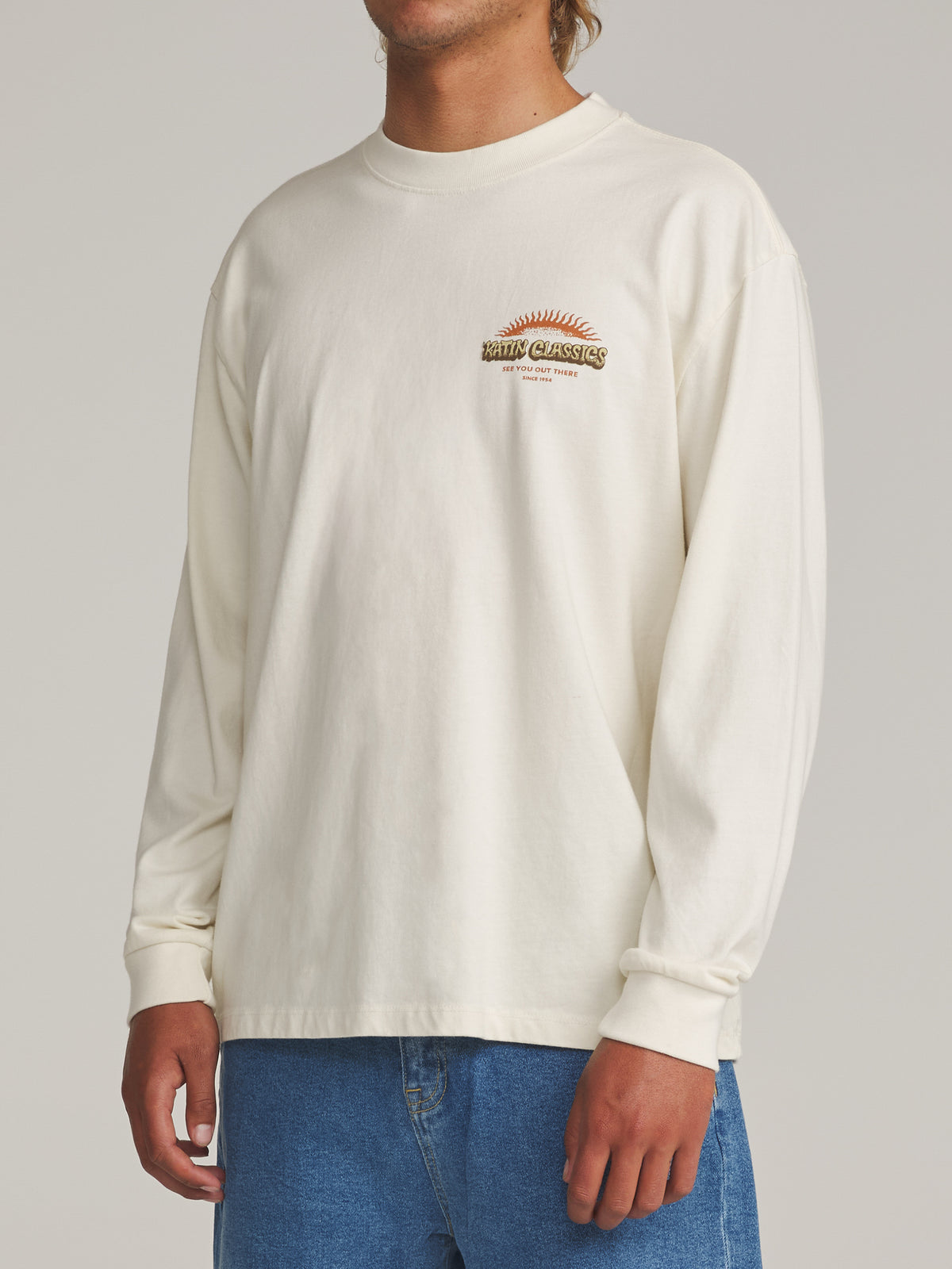 Katin Glow Box Fit Ls Tee in Vintage White - worn on model, side