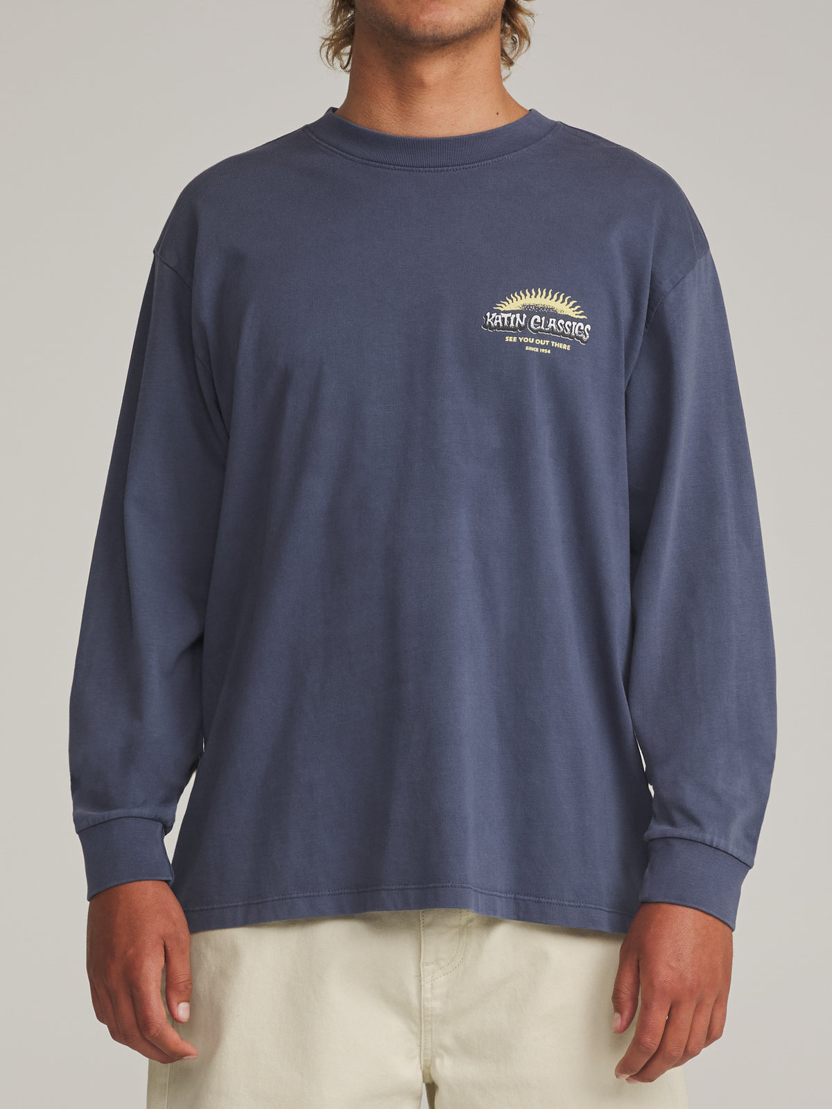 Katin Glow Box Fit Ls Tee in Washed Blue Vintage Wash - worn on model, front