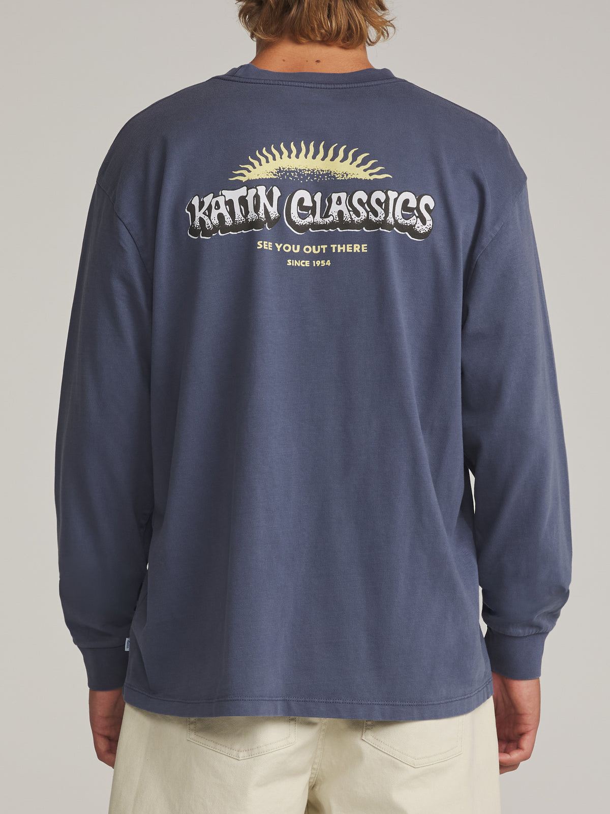 Katin Glow Box Fit Ls Tee in Washed Blue Vintage Wash - worn on model, back