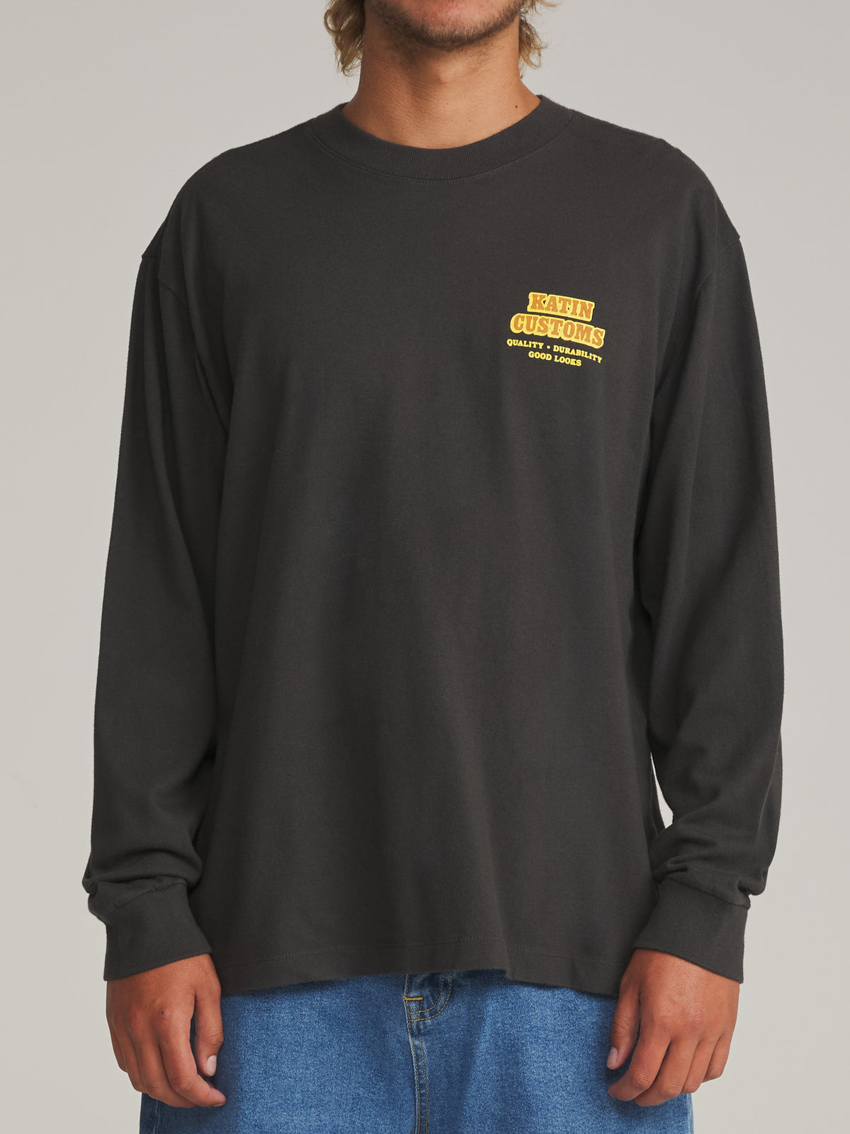 Katin Lorry Box Fit Ls Tee in Black Wash - worn on model, front