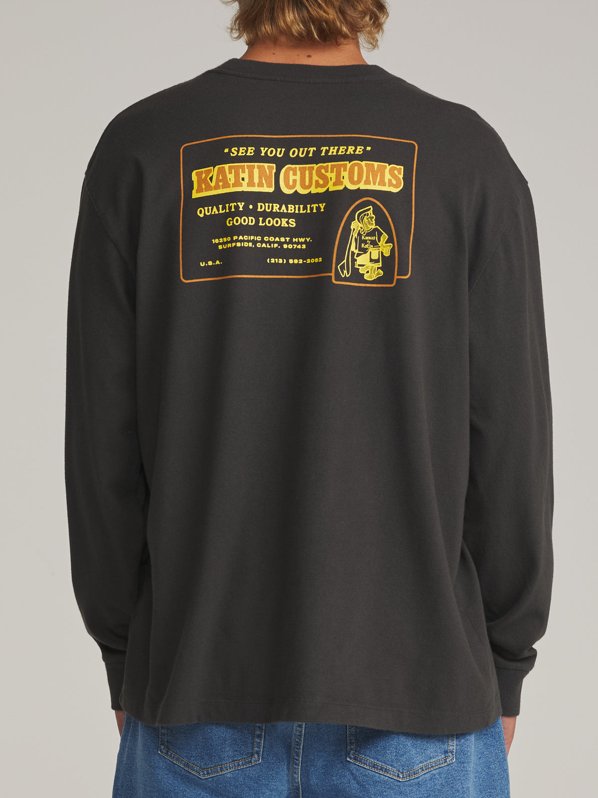 Katin Lorry Box Fit Ls Tee in Black Wash - worn on model, back