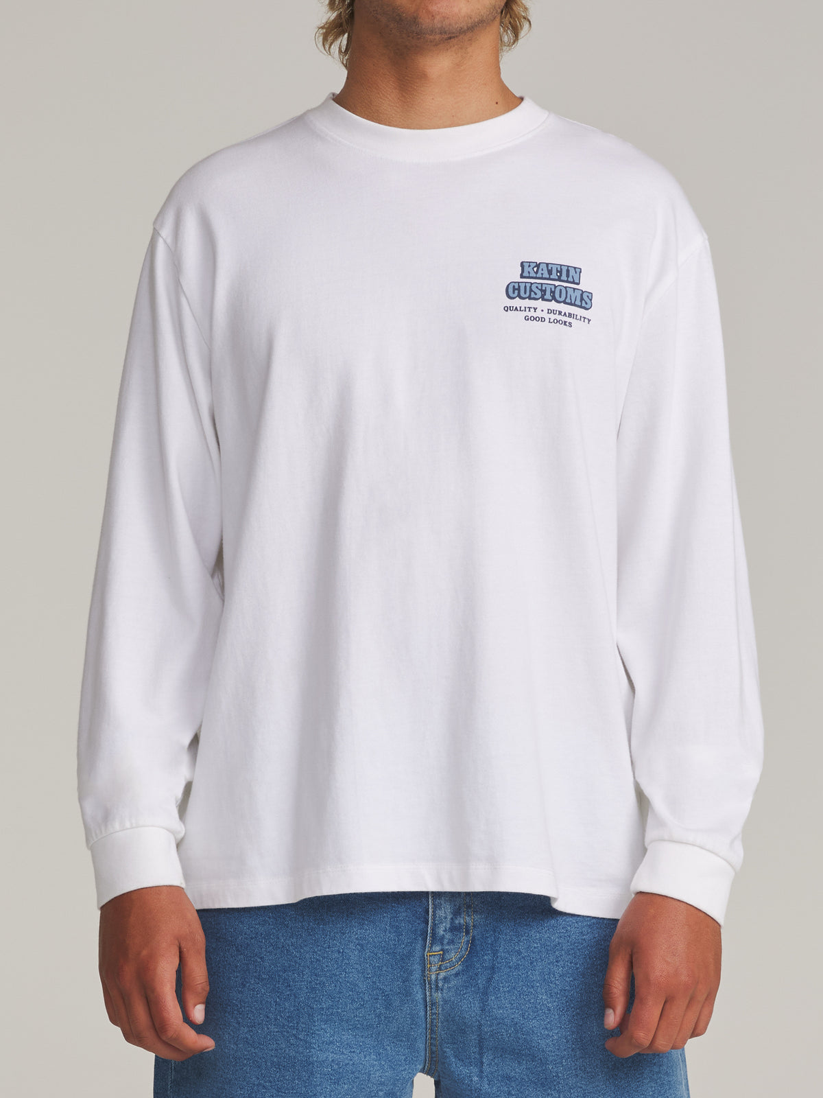 Katin Lorry Box Fit Ls Tee in White - worn on model, front