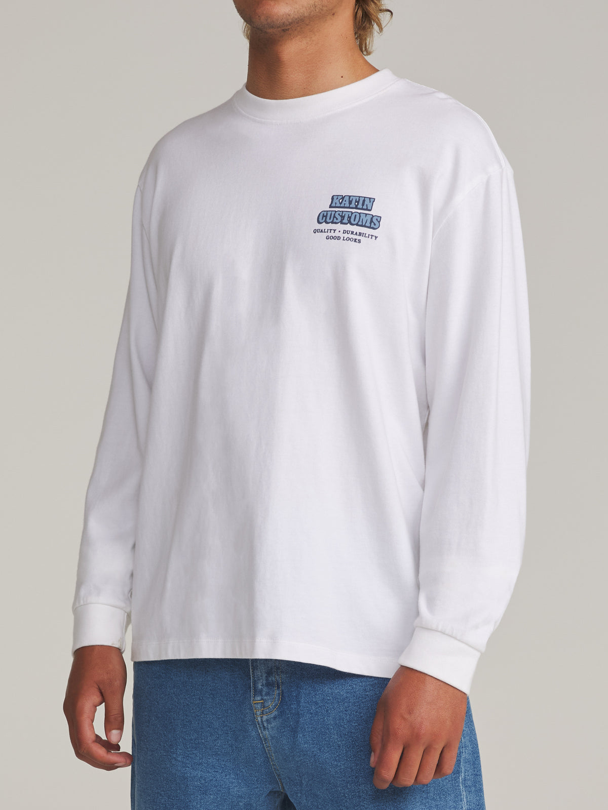 Katin Lorry Box Fit Ls Tee in White - worn on model, side