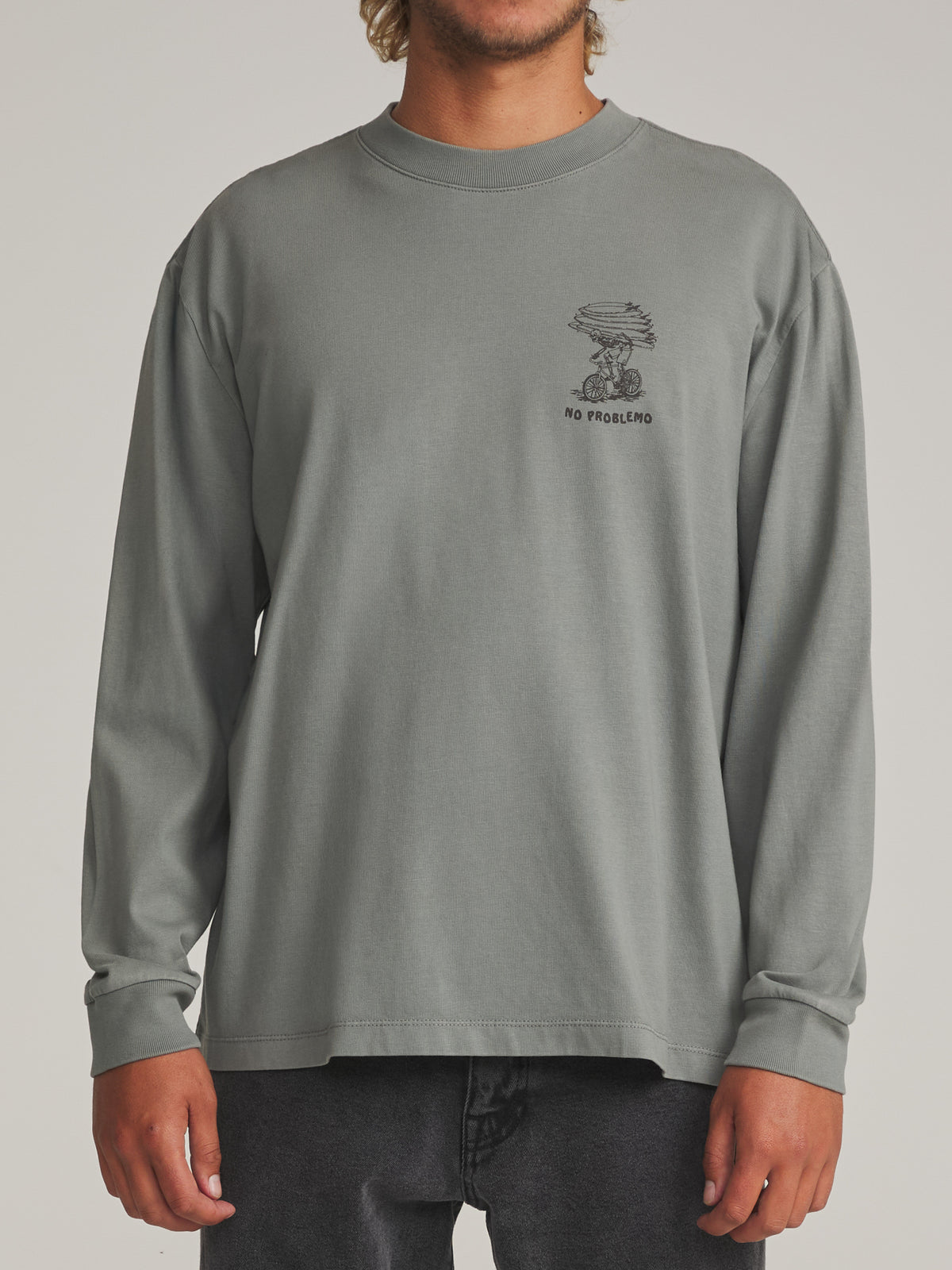 Katin Trek Box Fit Ls Tee in Graphite Vintage Wash - worn on model, front