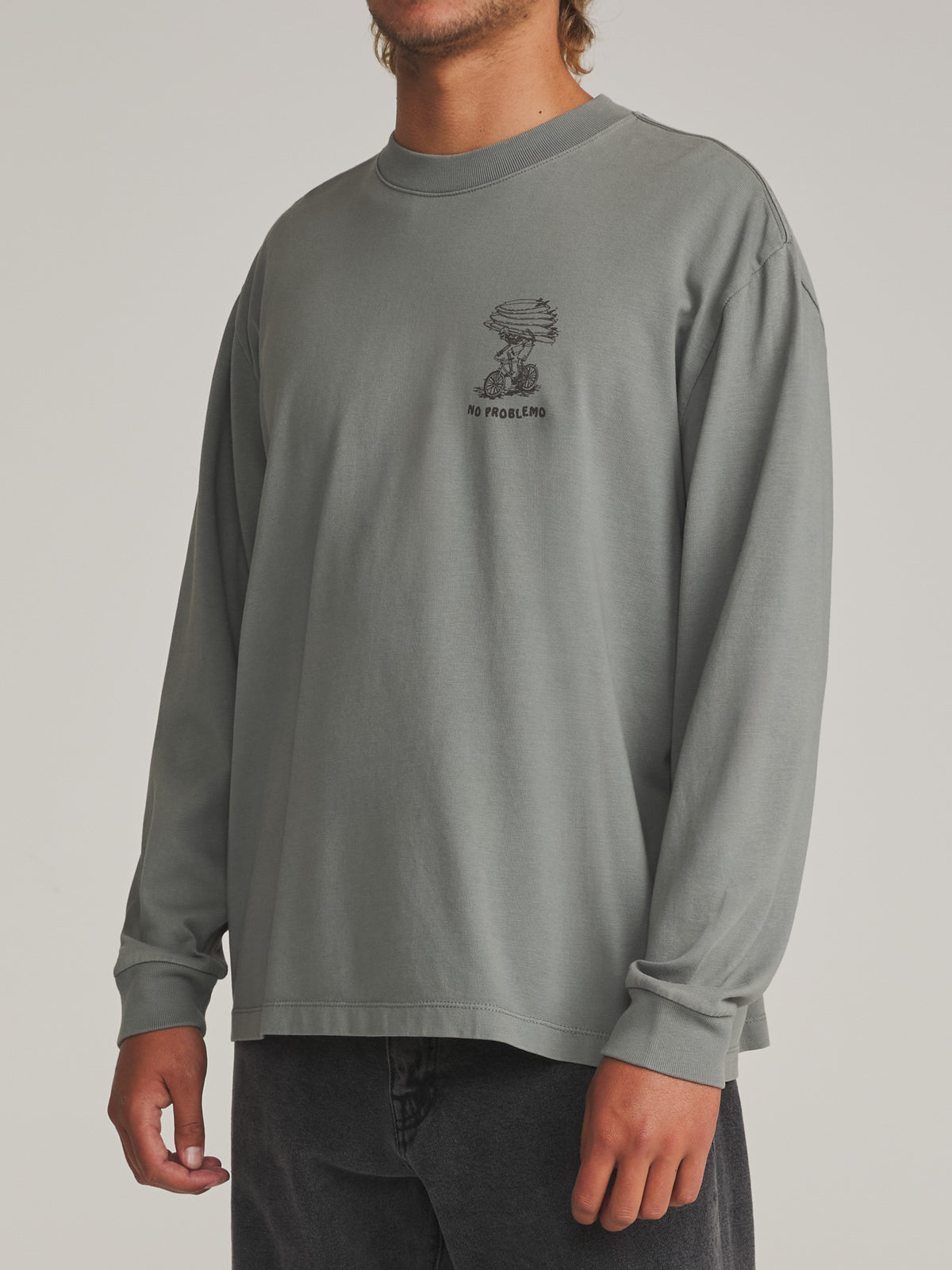 Katin Trek Box Fit Ls Tee in Graphite Vintage Wash - worn on model, side