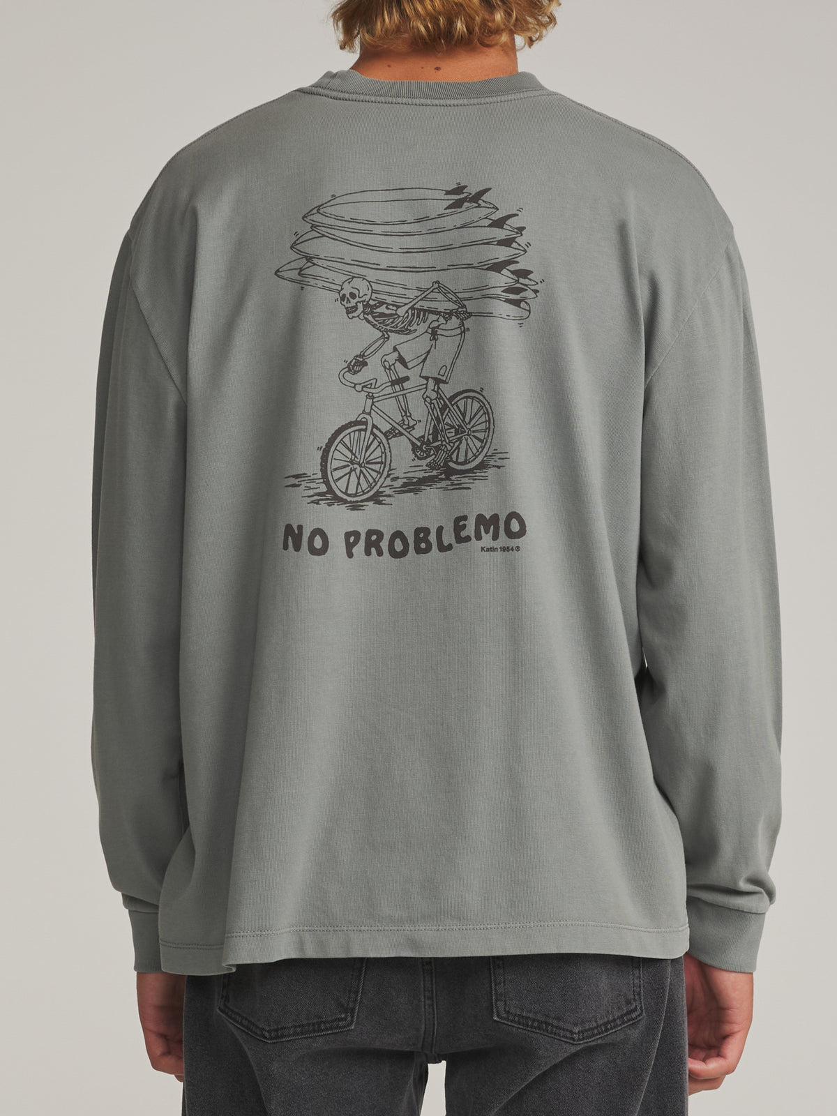 Katin Trek Box Fit Ls Tee in Graphite Vintage Wash - worn on model, back
