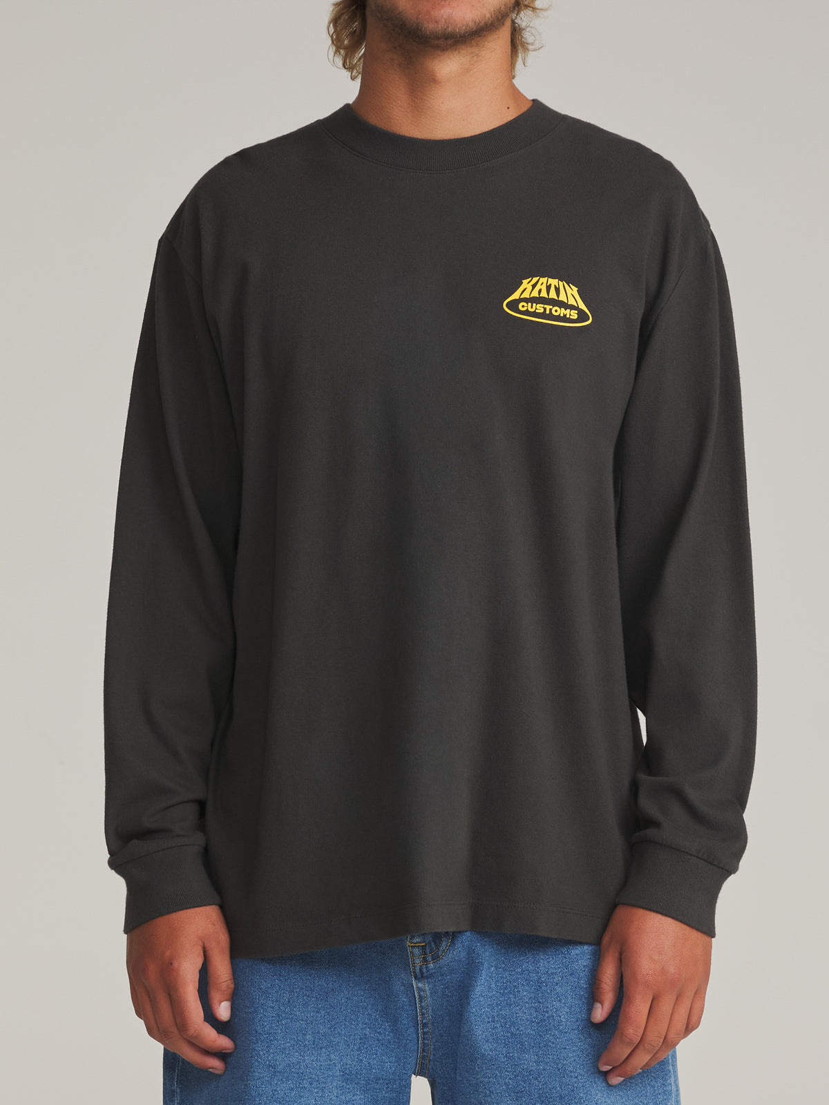 Katin Voyager Box Fit Ls Tee in Black Wash - worn on model, front