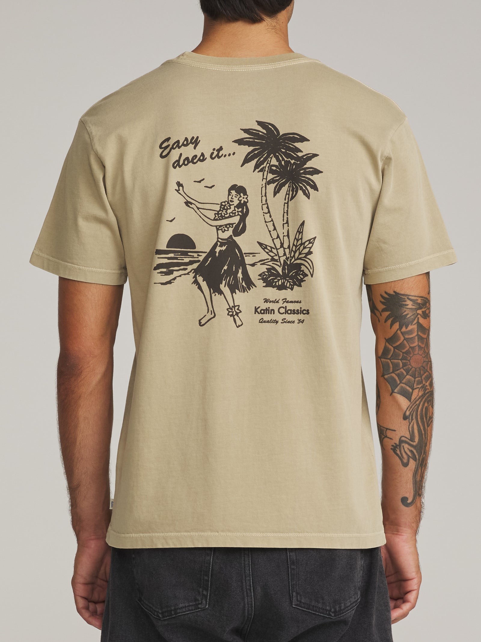 Katin fa26 graphic ss tee auana tee covert green vintage wash on model 03 back