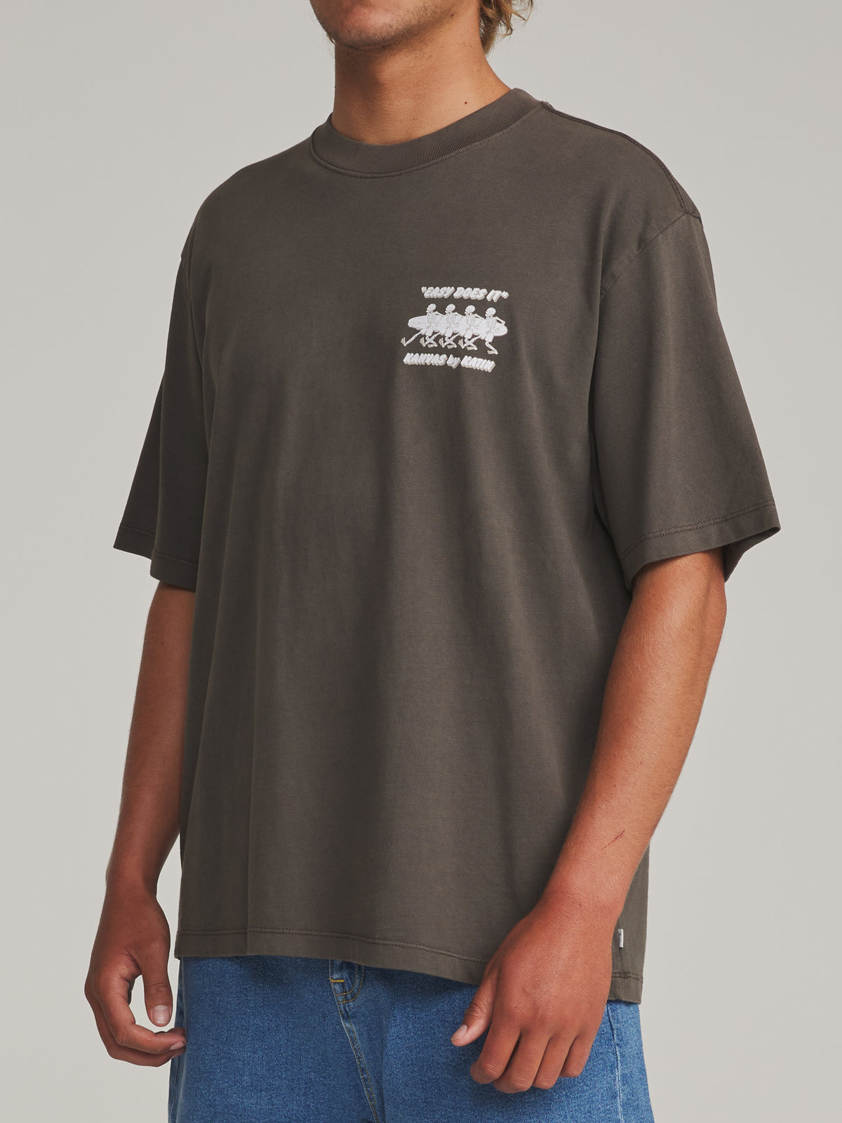 Katin Bones Box Fit Tee in Lead Vintage Wash - worn on model, side