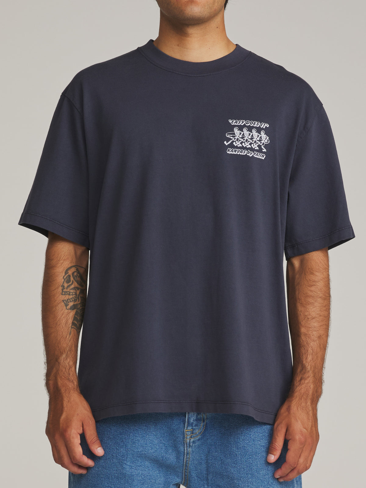 Katin Bones Box Fit Tee in Midnight Vintage Wash - worn on model, front