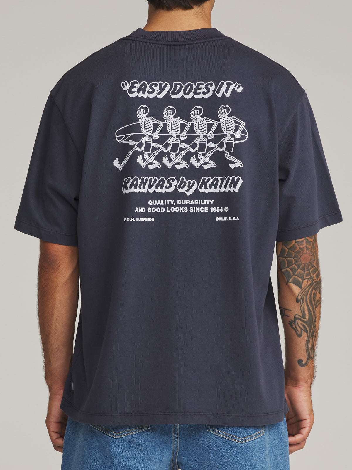 Katin Bones Box Fit Tee in Midnight Vintage Wash - worn on model, back