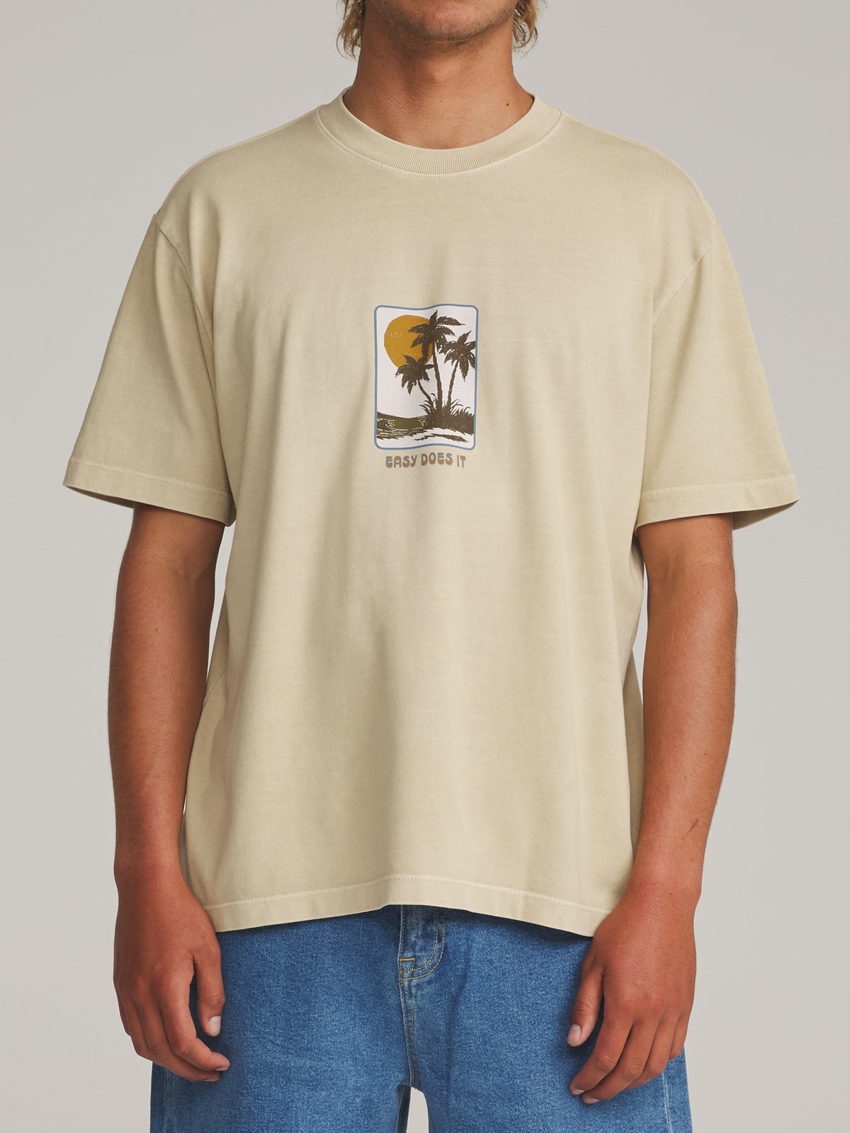 Katin Brisa Box Fit Tee in Pelican Vintage Wash - worn on model, front