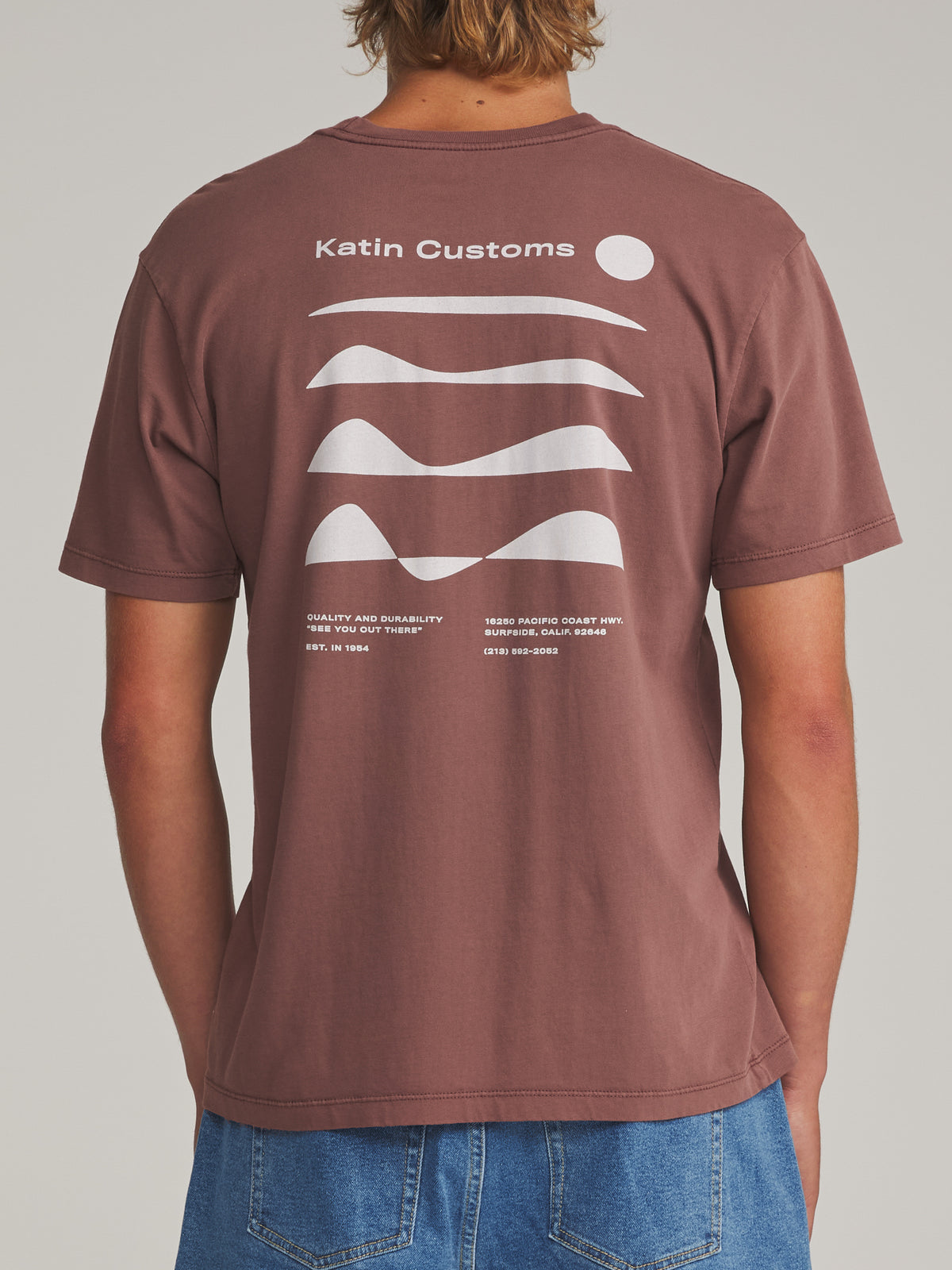 Katin Frequency Tee in French Roast Vintage Wash - worn on model, back
