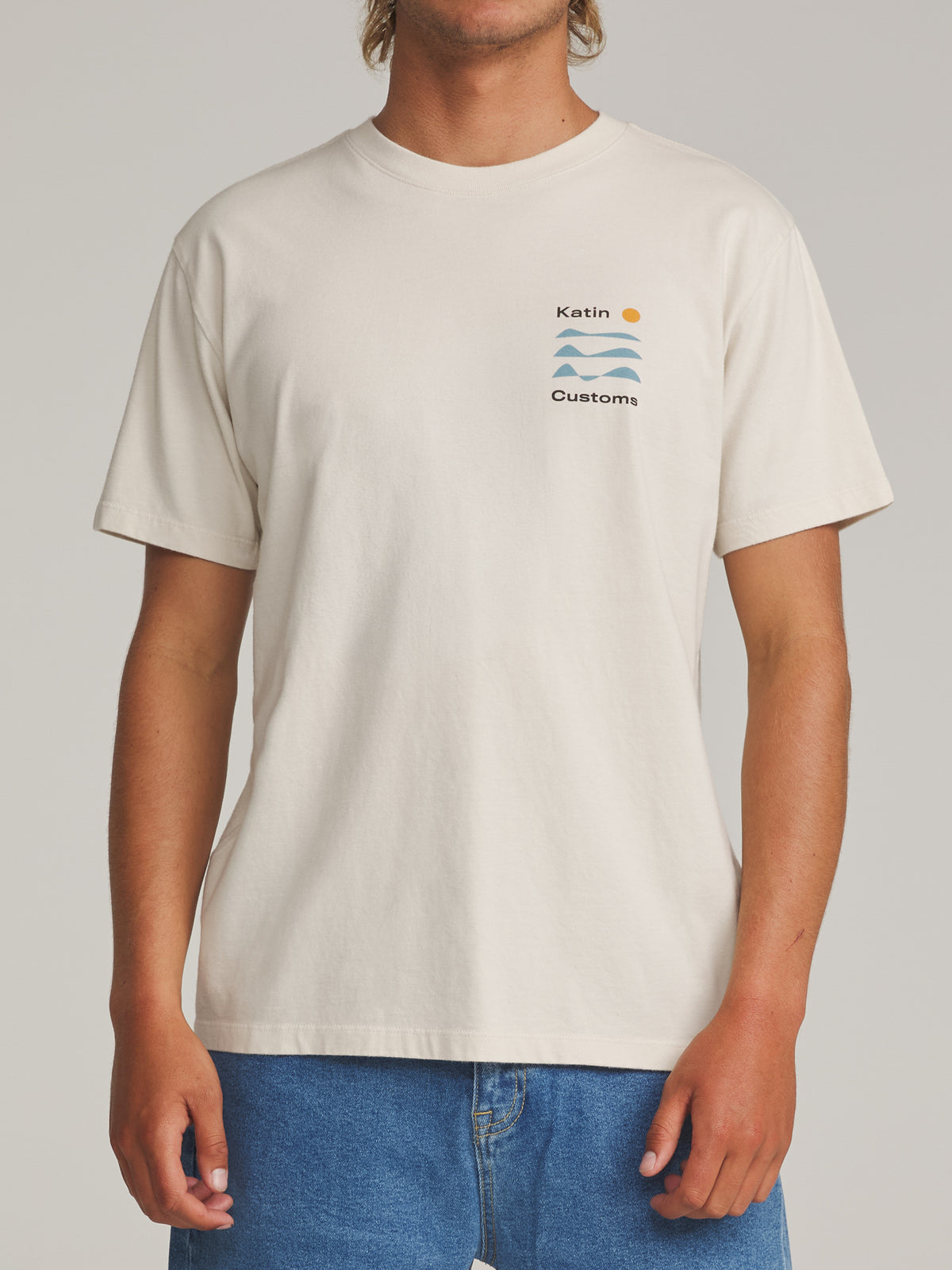 Katin Frequency Tee in Vintage White - worn on model, front
