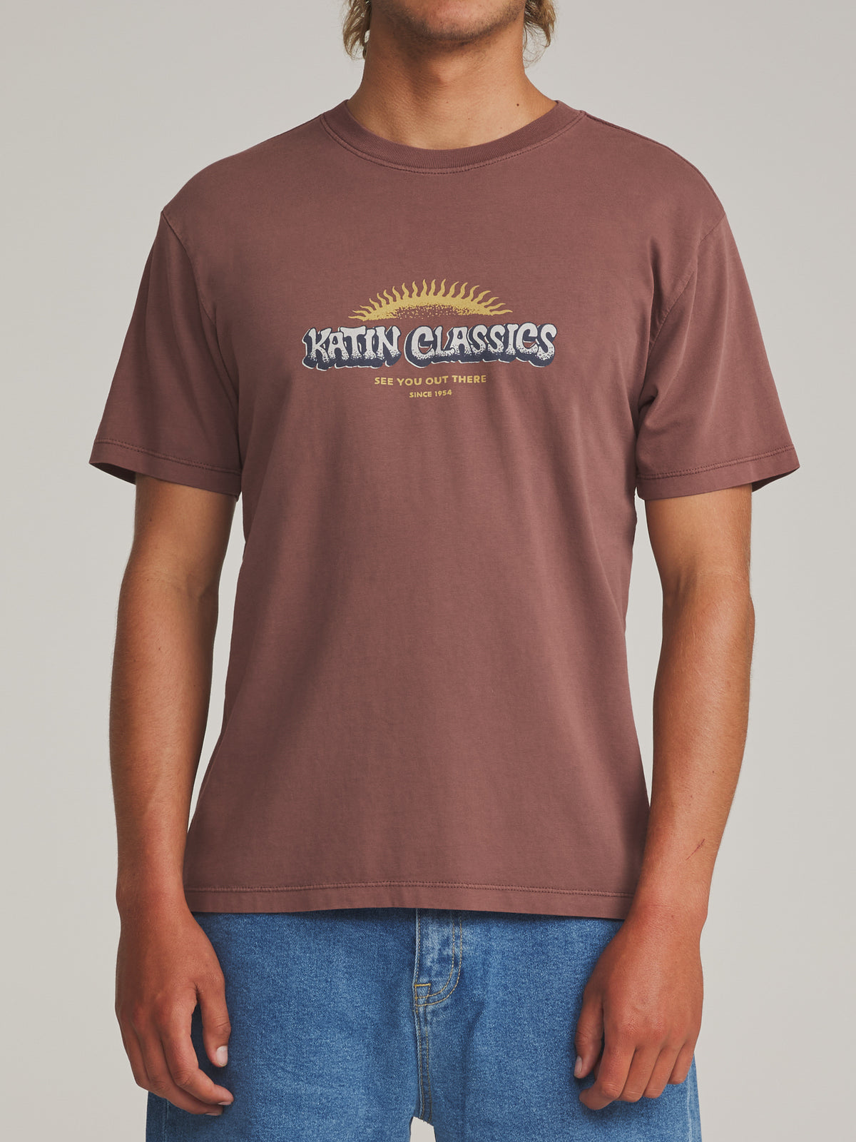 Katin Glow Tee in French Roast Vintage Wash - worn on model, front
