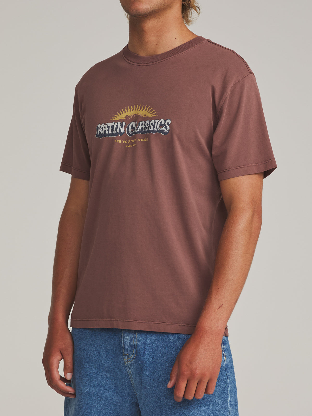 Katin Glow Tee in French Roast Vintage Wash - worn on model, side