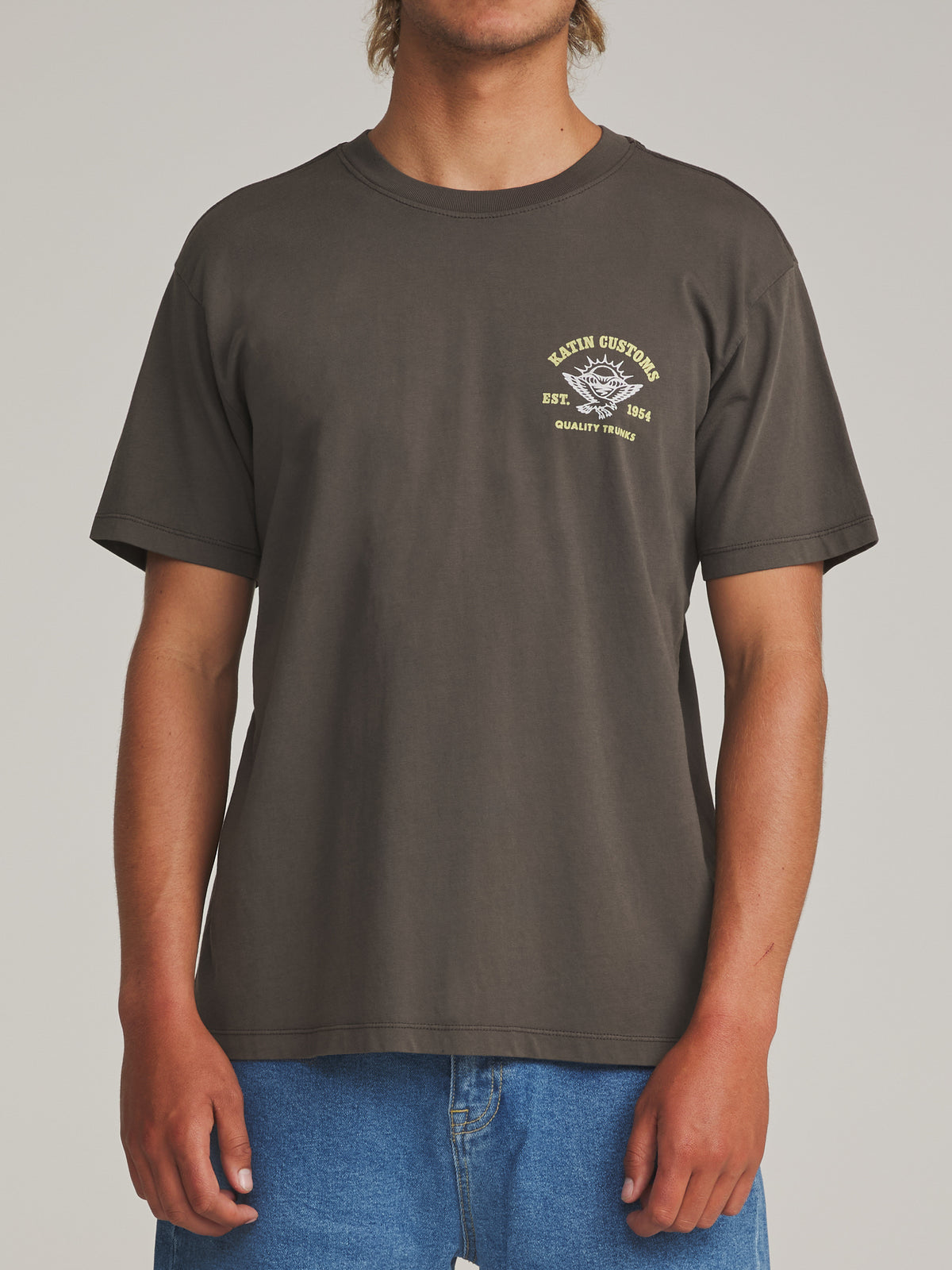 Katin Herman Tee in Lead Vintage Wash - worn on model, front