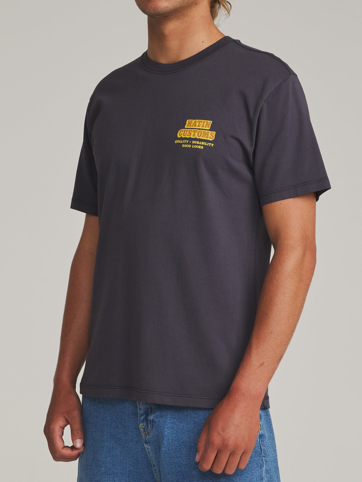 Katin Lorry Tee in Polar Navy Vintage Wash - worn on model, side
