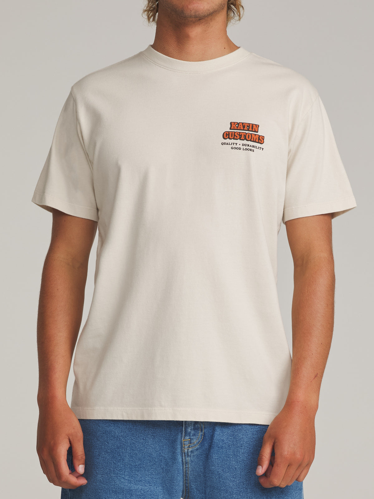 Katin Lorry Tee in Vintage White - worn on model, front