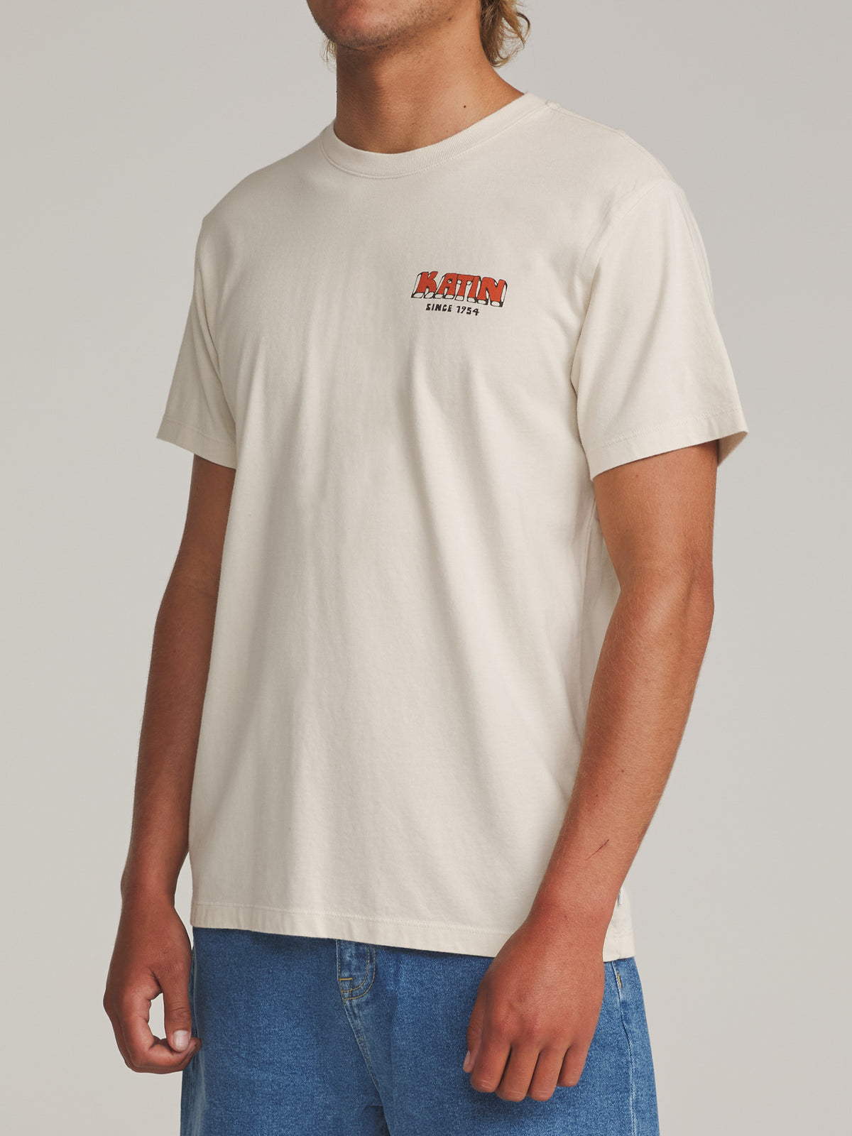 Katin Middles Tee in Vintage White - worn on model, side