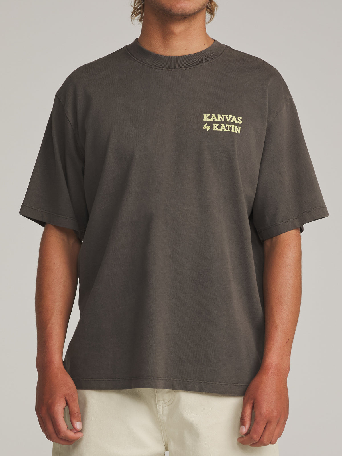 Katin Pipe Box Fit Tee in Lead Vintage Wash - worn on model, front
