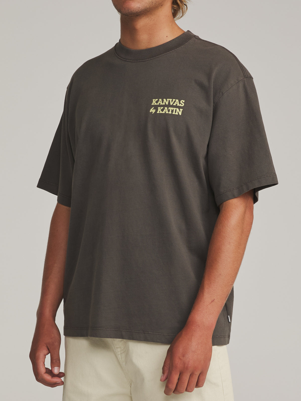 Katin Pipe Box Fit Tee in Lead Vintage Wash - worn on model, side