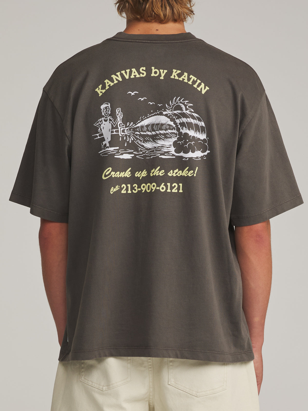 Katin Pipe Box Fit Tee in Lead Vintage Wash - worn on model, back