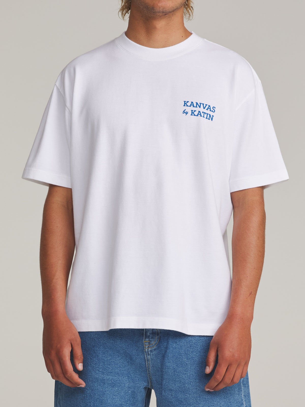 Katin Pipe Box Fit Tee in White - worn on model, front