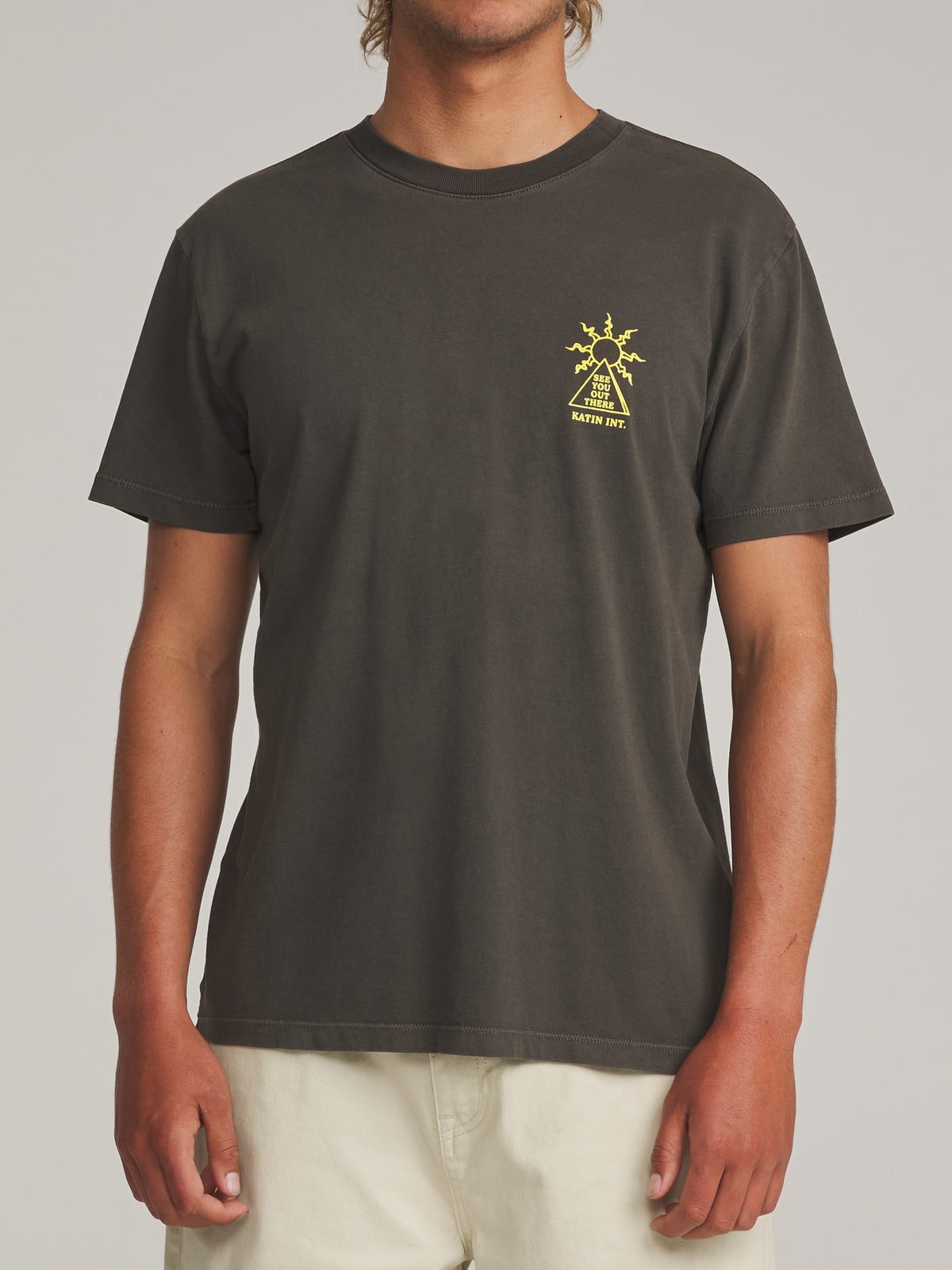 Katin Rising Tee in Lead Vintage Wash - worn on model, front