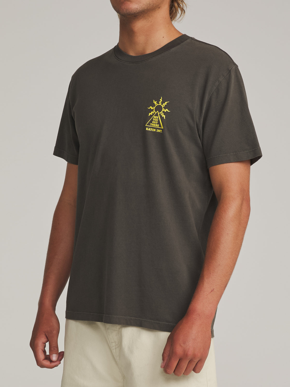 Katin Rising Tee in Lead Vintage Wash - worn on model, side