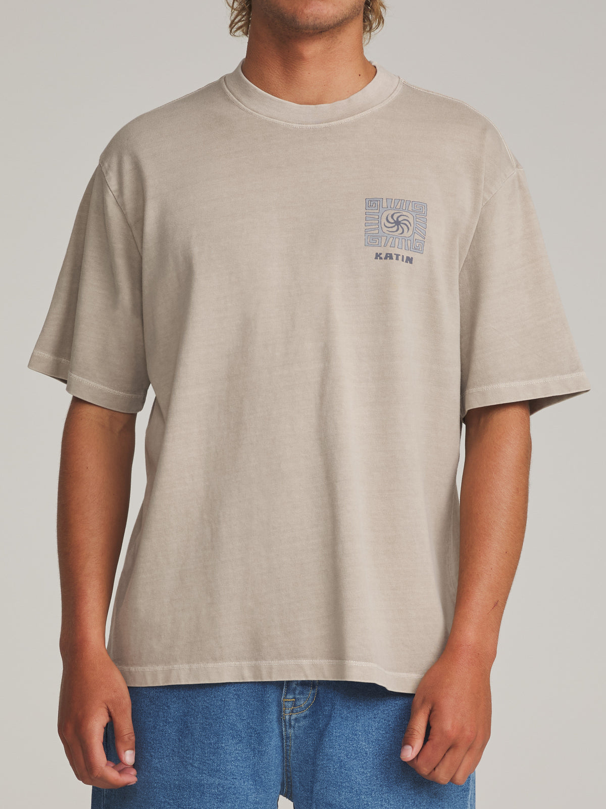 Katin Root Box Fit Tee in Cement Vintage Wash - worn on model, front