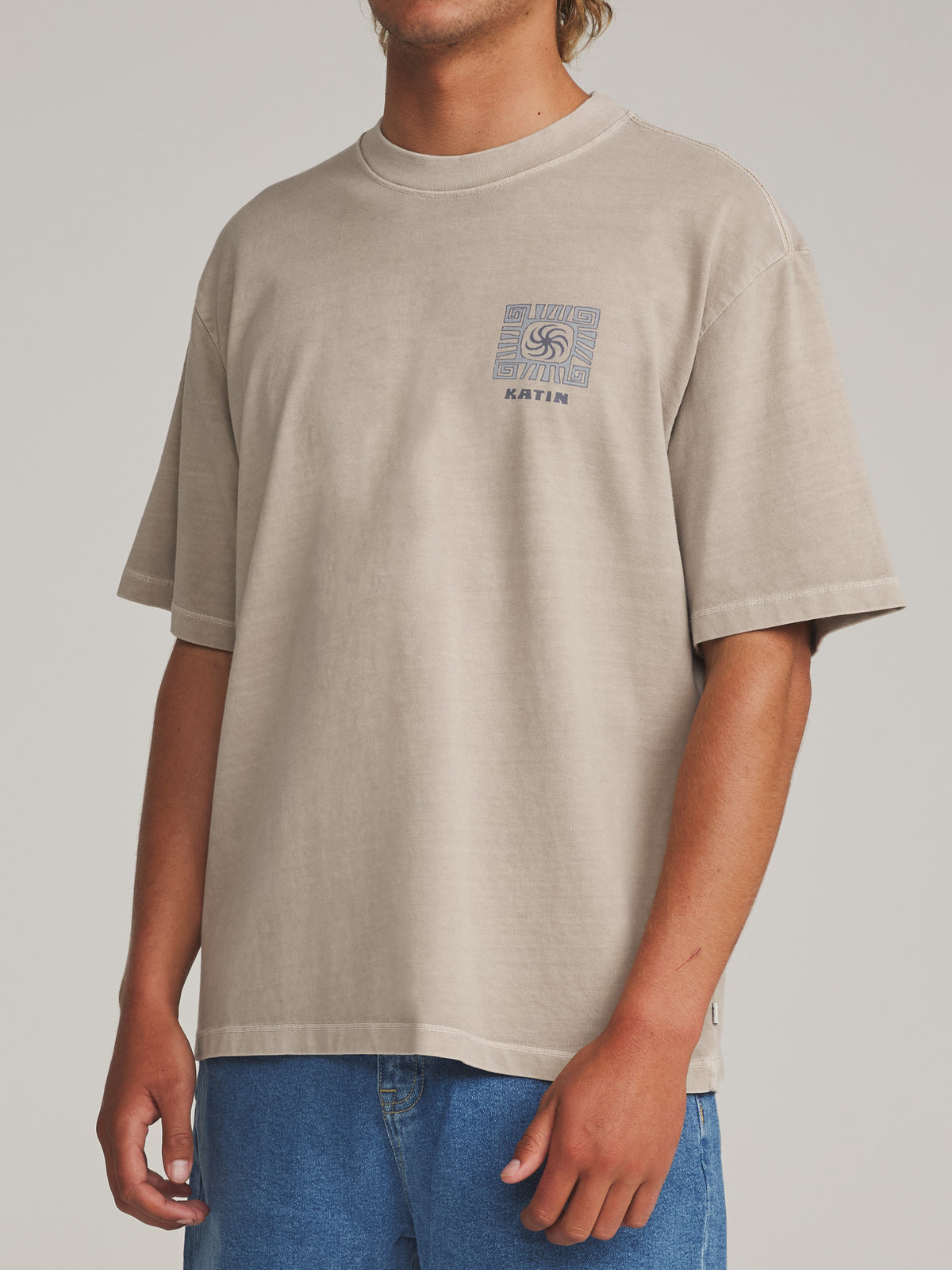 Katin Root Box Fit Tee in Cement Vintage Wash - worn on model, side