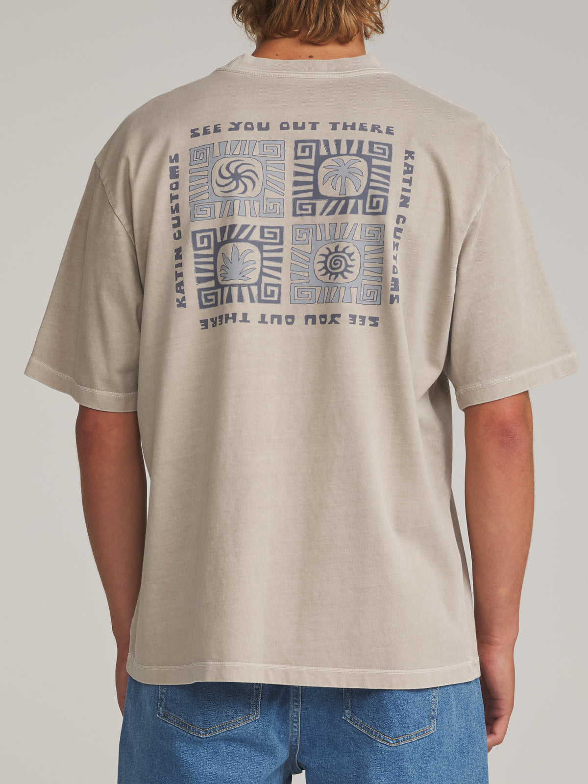 Katin Root Box Fit Tee in Cement Vintage Wash - worn on model, back