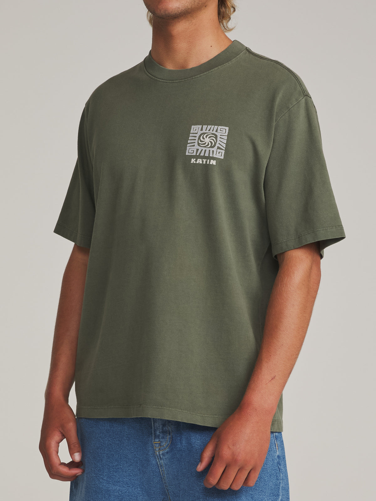 Katin Root Box Fit Tee in Clover Vintage Wash - worn on model, side